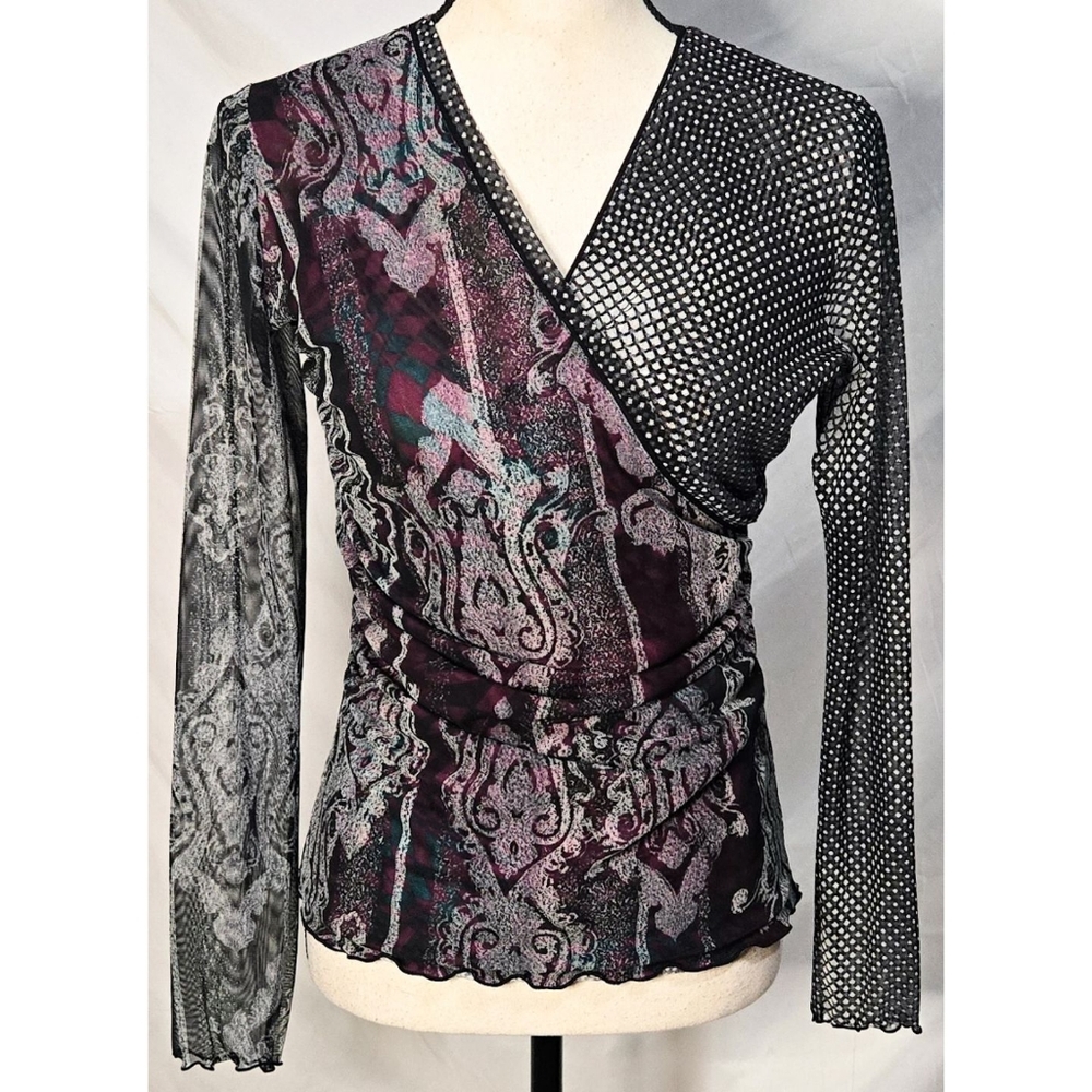 Y2K Mesh Floral Patchwork Top Shirt Anac V Neck Stretch Whimsigoth Purple Black